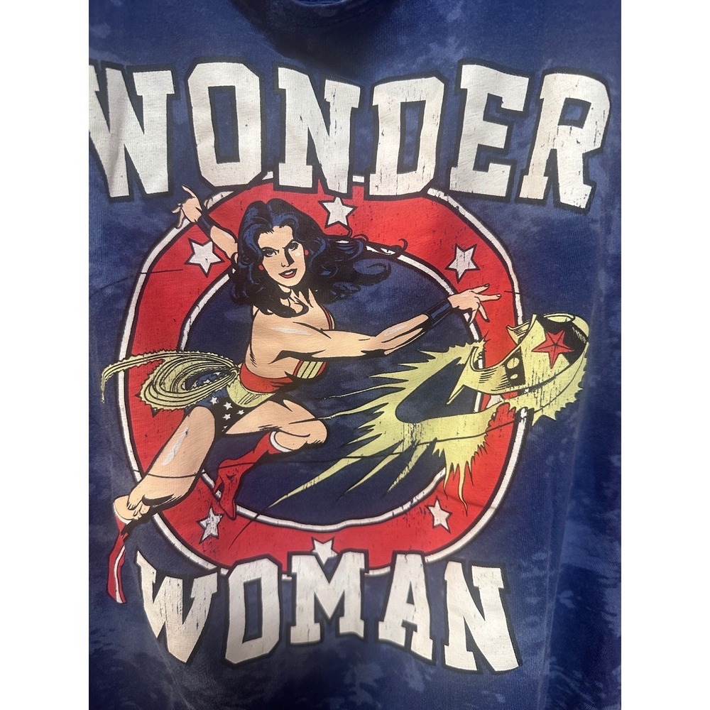 DC Comics Wonder Woman Graphic Tank Top Blue Acid Wash Ladder Back Womens L - Picture 2 of 8